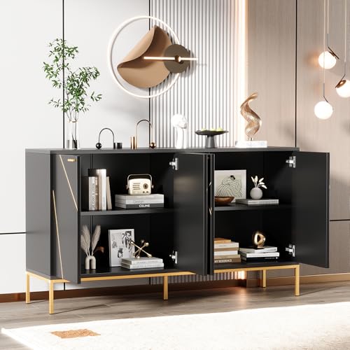 LANTRO JS TV-Schrank, Sideboard mit Vier Türen DREI Höhenstufen Verstellbar Regalbrett, Modernem Minimalismus Anrichte mit Metalllinien-Dekor, Schwarz LANTRO JS TV-Schrank, Sideboard mit Vier Türen DREI Höhenstufen Verstellbar Regalbrett, Modernem Minimalismus Anrichte mit Metalllinien-Dekor, Schwarz von LANTRO JS