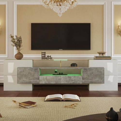 LANTRO JS TV Schrank mit Elegante Glasoberfläche, TV Lowboard in Marmoroptik, Fernsehschrank mit LED Beleuchtung, 200CM Lang, Weiß und Grau von LANTRO JS