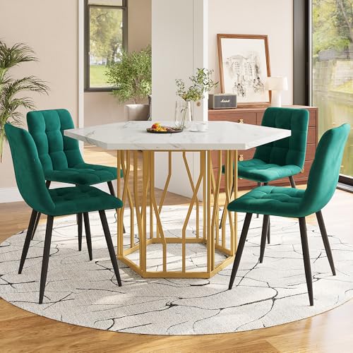 LANTRO JS Tisch und Stühle Set(5 teiliges Set), Esszimmertisch mit 4 Stühlen Set, Esszimmermöbel aus Grüner Samt, Stühle mit Goldfarbene Tischbeine, Grün von LANTRO JS