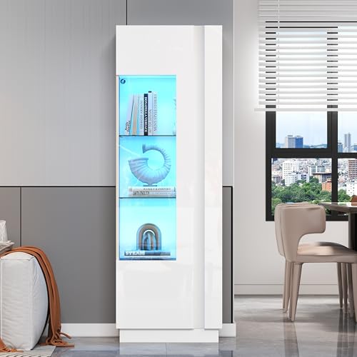 LANTRO JS Vitrinen, Glas Vitrinen aus Schranktür aus Acryl mit LED-Lichtstreifen, Schaukasten Vitrine mit 3 Glasboden, Weiß von LANTRO JS