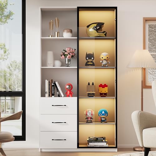 LANTRO JS Glas Vitrine, Schaukasten Vitrine mit Tür aus Gehärtetem Glas und LED Beleuchtung, 3 Schubladen und 3 Offene Fächer, Glasvitrine mit Aluminiumrahmen und Soft-Close-Scharniere, Weiß von LANTRO JS