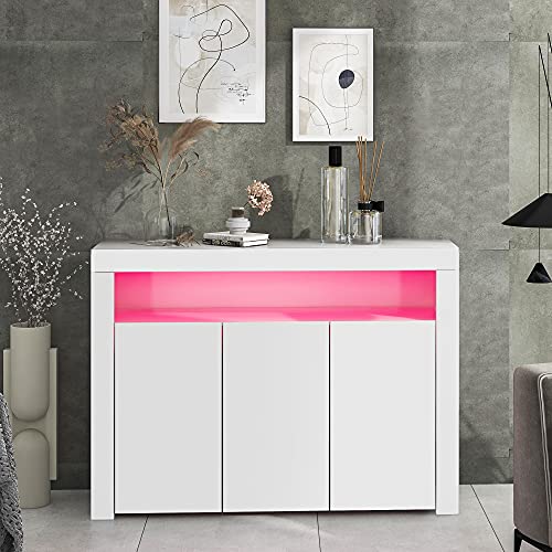 LANTRO JS Weiße Sideboard, Kommode Schlafzimmer, Weiße Kommode mit Schubladen, Sideboard-Vitrine mit LED-Leuchten, 95H x 130B x 35T cm von LANTRO JS