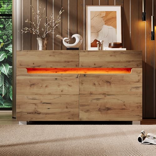 LANTRO JS Wohnzimmer Möbel mit 6 Schubladen, LED Beleuchtung (App Control), Hochglanz Kommode 120 Breit für Wohnzimmer und Schlafzimmer, 120 x 71 x 40 cm, Eiche von LANTRO JS