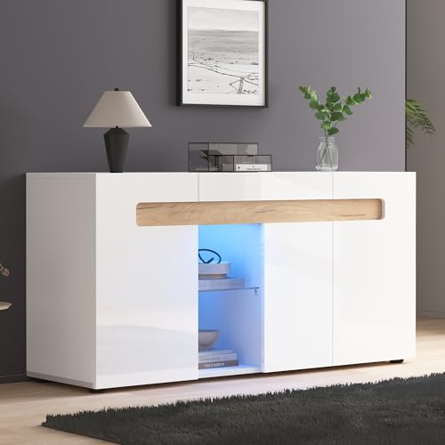 LANTRO JS Wohnzimmerschrank, Hochglanz Sideboard mit LED-Lichtsteuerung, Modernes 3-türiges Seitenschrank mit Glasboden, Weiß von LANTRO JS