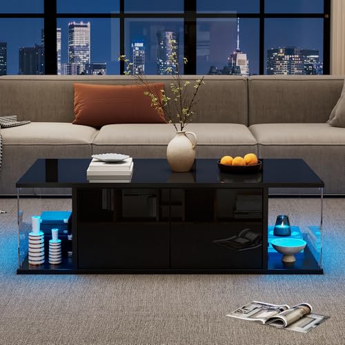 LANTRO JS Wohnzimmertisch, Couchtisch Quadratisch mit LED, Hochglanz, 2 Schränken, Beistelltisch im schlichten Design, Sofatisch, 100x50x30cm, Schwarz von LANTRO JS