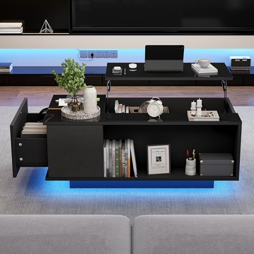 LANTRO JS Wohnzimmertisch, Höhenverstellbarer Kaffeetisch Mit LED-Licht und USB, Couchtisch mit Verstecktem Stauraum, Schublade, Schwarz LANTRO JS Wohnzimmertisch, Höhenverstellbarer Kaffeetisch Mit LED-Licht und USB, Couchtisch mit Verstecktem Stauraum, Schublade, Schwarz von LANTRO JS