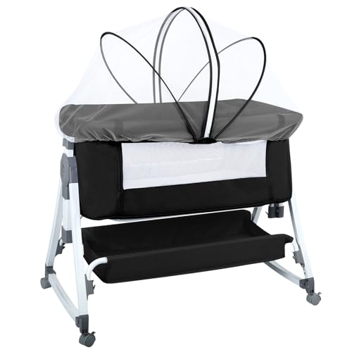 Beistellbett, 3-in-1, Beistellwiege mit Matratze und Moskitonetz, Tragfähigkeit 50 kg, kompakt in 3 Sekunden, leicht zu transportieren, 80 x 40 x 100-116 cm (6 Geschwindigkeitsstufen, schwarz) von LANTUS