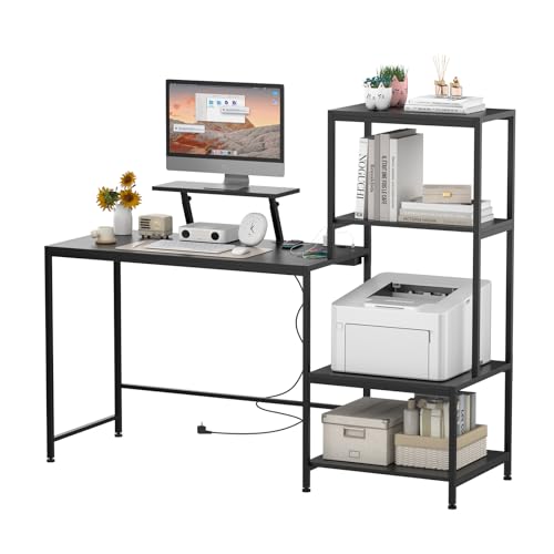 LANTUS L-förmiger Eckschreibtisch mit Steckdosen – kompakt mit Regalen, Computer wendbar, für Zuhause oder Schlafzimmer, 98 x 48 x 125 cm, Schwarz von LANTUS