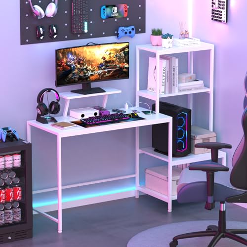 LANTUS L-förmiger Eckschreibtisch mit Steckdosen – kompakt mit Regalen, Computer wendbar, für Zuhause oder Schlafzimmer, 98 x 48 x 125 cm, Weiß von LANTUS