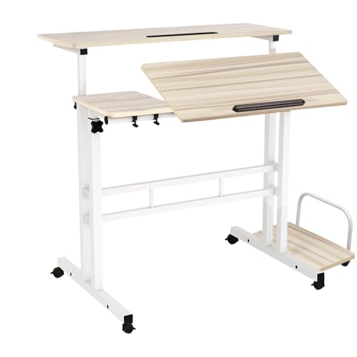 LANTUS Sitz- und Stehschreibtisch, komplettes Tablett, höhenverstellbar, Sitzerinnerung, maximale Belastung 120 kg, 102 x 60 x 67-115 cm (großes Format), Ahorn, Weiß von LANTUS