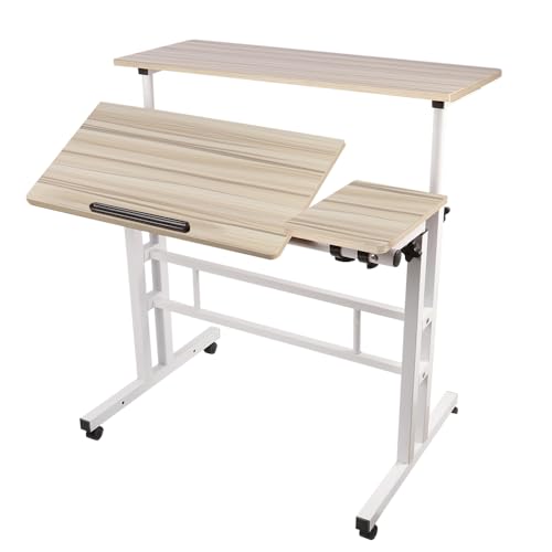 LANTUS Stabiler Computer-Schreibtisch, mobiler Computertisch mit Ablagen für kleinen Raum, Computertisch mit 2 Ablageflächen, 80 x 60 x 67 – 115 cm (großes Format), Ahorn, Weiß von LANTUS