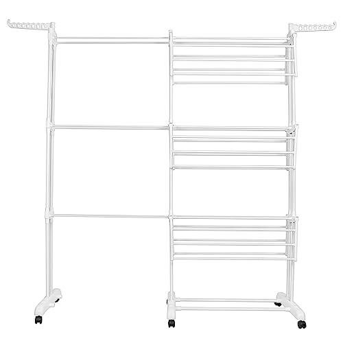 LANTUS Tancarville Wäscheständer für den Innenbereich auf 3 Ebenen, ausziehbar, verstellbar, große Kapazität, mit 6 Rollen für Parkbremse um 360 °, 75 – 142,5 x 64 x 170 cm (weiß) von LANTUS