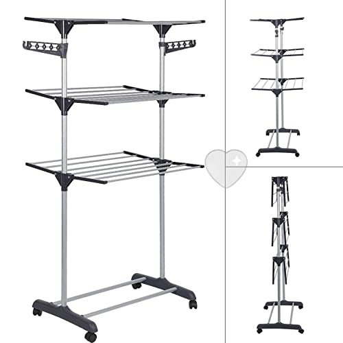 LANTUS Wäscheständer, faltbar, mit Rollen, großes Fassungsvermögen, Wäscheständer aus Edelstahl, Flügel, faltbar, auf 3 Ebenen zum Trocknen für den Innen- und Außenbereich, 72 x 56 x 152 cm (grau) von LANTUS