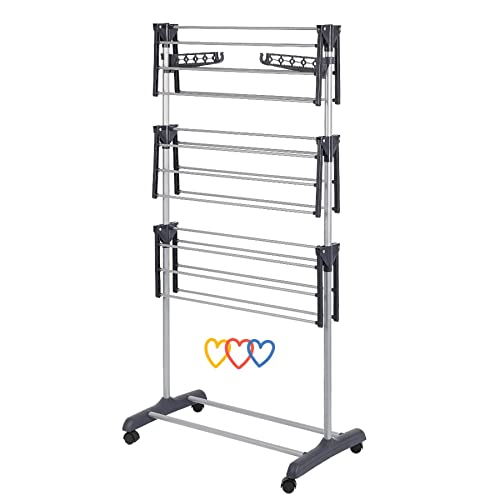 LANTUS Wäscheständer Turm Klappbar, Wäscheturm 3 Ebenen aus Edelstahlrohre, Turmtrockner mit 4 Rollen, Flügel, Obene Stange, Mobiler Turmwäscheständer (72*56*152 cm (grau)) von LANTUS