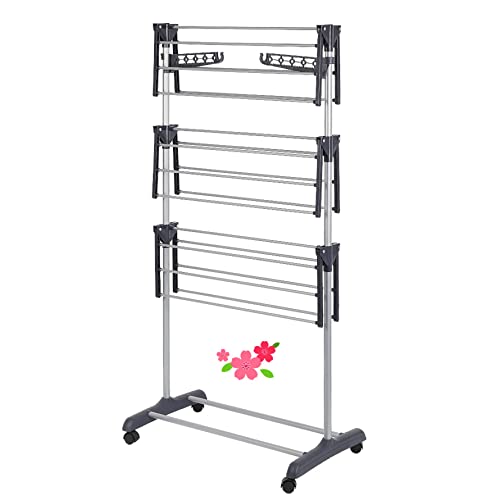 LANTUS Wäscheständer Turm Klappbar, Wäscheturm 3 Ebenen aus Edelstahlrohre, Turmtrockner mit 4 Rollen, Flügel, Obene Stange, Mobiler Turmwäscheständer (72 * 56 * 152 cm (grau)) von LANTUS