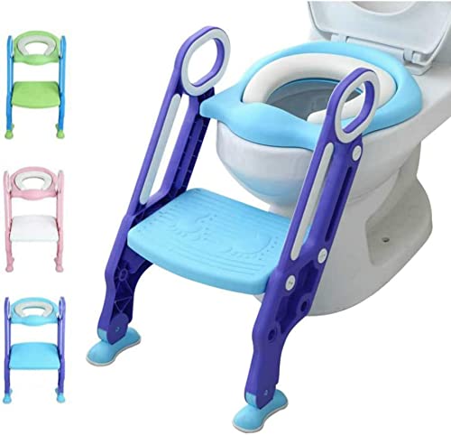 Toilettensitz für Kinder, faltbar und höhenverstellbar, Toilettenstuhl für Babys, mit breiten und rutschfesten Stufen, gepolsterter Toilettensitz, bequem, Blau + Violett von LANTUS