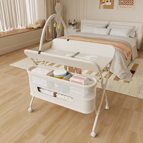 Wickeltisch mit Rollen, faltbar, tragbare Wickelunterlage, 5 verstellbare Ebenen, Aufbewahrungskorb zum Aufhängen für Neugeborene, für Babyzimmer, 75 x 68 x 83 – 91 cm (B), cremeweiß von LANTUS