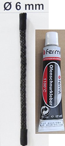 Kamintürdichtung Ofentürdichtung Kaminofentürdichtung Ø 6 mm mit separaten Kleber Dichtschnur Kordel (Ø 6 mm 2,0 m inkl. 2 Tuben Kleber Fermit) von LANZZAS