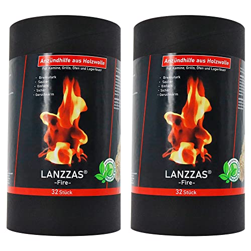 LANZZAS® 64 Stück Kamin- und Grill-Anzünder (Anzündwolle) aus natürlicher Holzwolle und Wachs, Anzündhilfe stark gehärtet für eine Lange Brenndauer. von LANZZAS