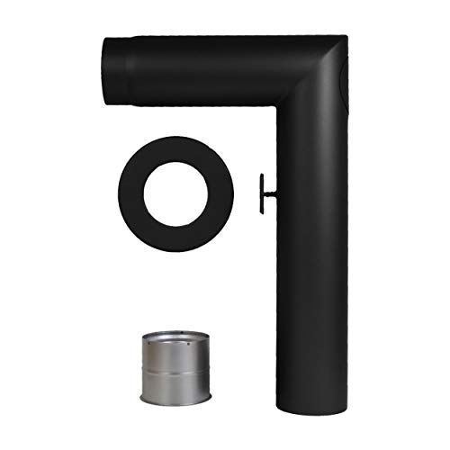 LANZZAS Ofenrohr-Set 1x 90°, 3-teilig - im Durchmesser 150 mm - Farbe: schwarz - mit Drosselklappe und Reinigungsverschluss von LANZZAS