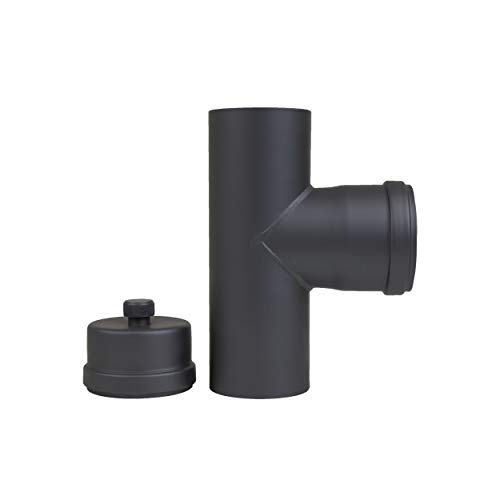 LANZZAS Pelletrohr T-Stück im Durchmesser 80 mm - Farbe: schwarz-metallic - mit Reinigungskapsel und Kondensatablauf von LANZZAS