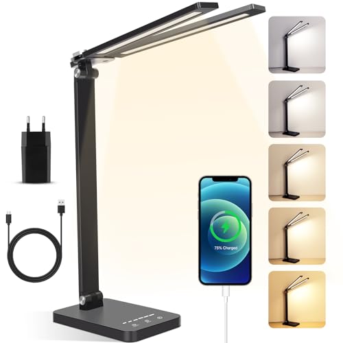 Doppelkopf Schreibtischlampe Led Dimmbar mit Netzadapter: 5 Farb und 6 Helligkeitsstufen Touch Control,Metall Tischlampe mit USB Ladefunktion Timer und Memory-Funktion, Bürolampe für Arbeit Schwarz von LAOPAO