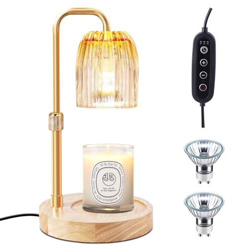 Elektrischer Kerzenwärmer Lampe LED Duftlampe: Glas Metall Kerzen Windlicht Dimmbar Höhenverstellbar mit Steckdose Timer und 2PCS Bulb - Holzsockel Heizung Wachs Warm Licht für Küche Home Bedside Gift von LAOPAO