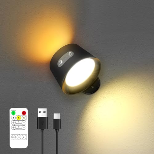 LED Wandlampe Innen Wandleuchte Dimmbar: Akku Wandlichter mit Nachtlicht und Fernbedienung Batterie - 3+3Helligkeitsstufen 3+3 Dimmbar Light, 360° Drehbare Touch Control Wandlicht ohne bohren Schwarz von LAOPAO