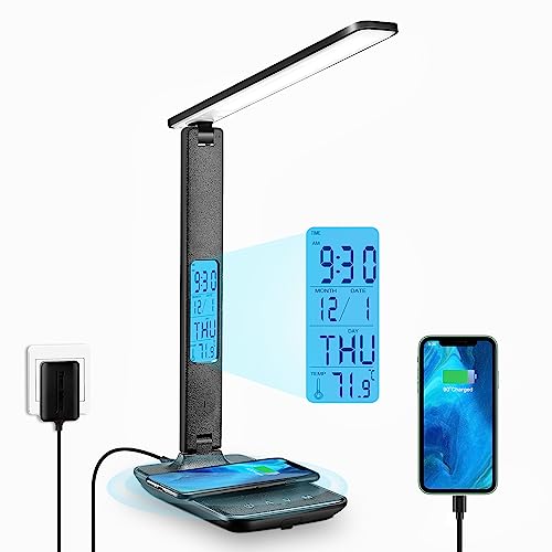 Schreibtischlampe LED Dimmable mit Uhr Desk Lamp 3 Colours und 5 Brightness Levels Eye-Friendly Bedside Lamp Kabellosem Laden und USB-Anschluss Smartphone Nachttischlampe Wireless Charger Tischleuchte von LAOPAO