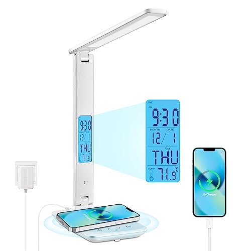 Schreibtischlampe LED Dimmable mit Uhr Desk Lamp 3 Colours und 5 Brightness Levels Eye-Friendly Bedside Lamp Kabellosem Laden und USB-Anschluss Smartphone Nachttischlampe Wireless Charger Tischleuchte von LAOPAO