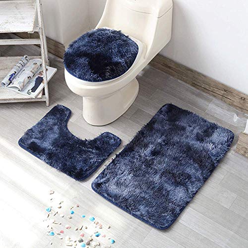 LAOSHIZI Neue Badematte Weicher, Rutschfester Badezimmerteppich 3-teilige Sets, einschließlich Badematte, Sockelmatte und Toilettenmatte Navy blau von LAOSHIZI