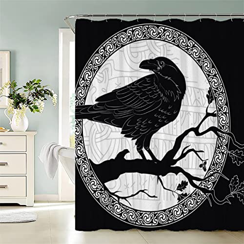 Duschvorhang 180x180 cm Wikinger Schwarze Krähe Rune Anti-Schimmel Wasserdichter Anti-Bakteriell Badezimmer Duschvorhänge Textil Waschbar Badewanne Vorhang Polyester Stoff mit 12 Duschvorhangringen von LAOVE