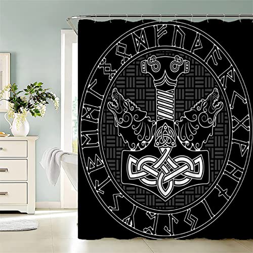 Duschvorhang 180x180 cm Wikinger Thors Hammer Runen Anti-Schimmel Wasserdichter Anti-Bakteriell Badezimmer Duschvorhänge Textil Waschbar Badewanne Vorhang Polyester Stoff mit 12 Duschvorhangringen von LAOVE