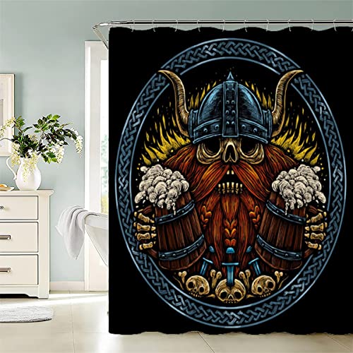 Duschvorhang 180x200 cm Retro Totenkopf Viking Odin Anti-Schimmel Wasserdichter Anti-Bakteriell Badezimmer Duschvorhänge Textil Waschbar Badewanne Vorhang Polyester Stoff mit 12 Duschvorhangringen von LAOVE