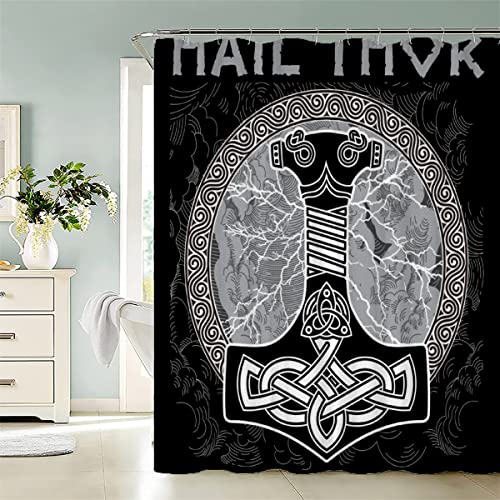 Duschvorhang Viking Thorhammer weiß Anti-Schimmel Wasserdichter Anti-Bakteriell Badezimmer Duschvorhänge Textil Waschbar Badewanne Vorhang Polyester Stoff mit 12 Duschvorhangringen 180x200cm von LAOVE