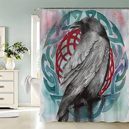 LAOVE Duschvorhang 120x180 cm Wikinger Krähe Aquarell Anti-Schimmel Wasserdichter Anti-Bakteriell Badezimmer Duschvorhänge Textil Waschbar Badewanne Vorhang Polyester Stoff mit 12 Duschvorhangringen von LAOVE