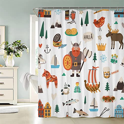 LAOVE Duschvorhang Cartoon Wikinger Anti-Schimmel Wasserdichter Anti-Bakteriell Badezimmer Duschvorhänge Textil Waschbar Badewanne Vorhang Polyester Stoff 240x200cm von LAOVE