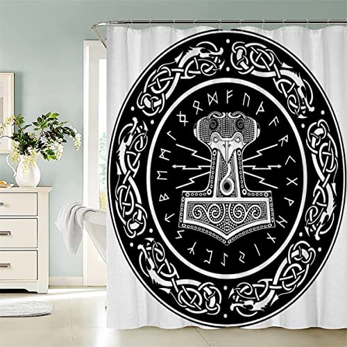 LAOVE Duschvorhang Odin Hammer Wikinger Anti-Schimmel Wasserdichter Anti-Bakteriell Badezimmer Duschvorhänge Textil Waschbar Badewanne Vorhang Polyester Stoff mit 12 Duschvorhangringen 180x200cm von LAOVE