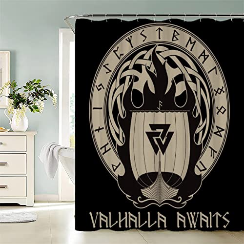 LAOVE Duschvorhang Retro Rune Wikinger Anti-Schimmel Wasserdichter Anti-Bakteriell Badezimmer Duschvorhänge Textil Waschbar Badewanne Vorhang Polyester Stoff mit 12 Duschvorhangringen 120x180cm von LAOVE