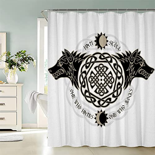 LAOVE Duschvorhang Wikinger Rune Odin Wolf Anti-Schimmel Wasserdichter Anti-Bakteriell Badezimmer Duschvorhänge Textil Waschbar Badewanne Vorhang Polyester Stoff mit 12 Duschvorhangringen 180x180cm von LAOVE