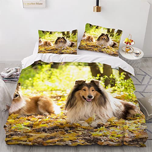 LAOVE Zwei Collie-Hunde Bettwäsche 135x200 Kinder 3Teilig Weiche Angenehme Mikrofaser 3D Druck Set,1 Bettbezüge 135x200cm Mit Reißverschluss Et 2 Kissenbezüge 80x80,Bettwaren von LAOVE