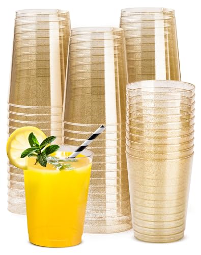 LAOYE 50+5 Partybecher mit Goldglitter Plastik Weingläser Mehrweg Einwegbecher Cocktailgläser 300 ml für Hochzeit Geburtstage Party Cocktail Champagner Desserts Robust & Elegant (Gold) von LAOYE