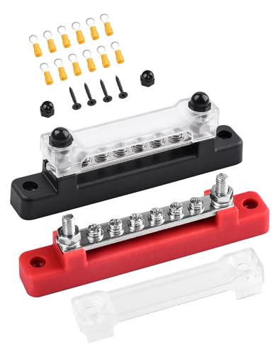 LAOYE Sammelschiene 12V-48V DC 150A Busbar Sammelschienen Verteilerblock 12v Stromverteilungsblock mit Cover 6x M4 Klemmenbolzen 12v Verteiler für Auto RVLKW Rot Schwarz 2 Stück von LAOYE