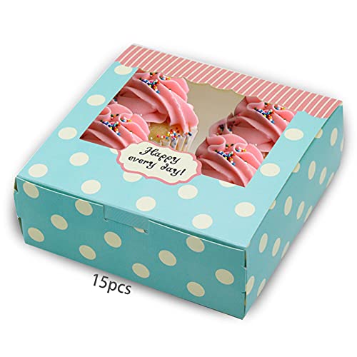 LAPONO 15Stück 4er Cupcake Box Kuchen Transportbox Pappe Muffin Karton Tortenkartons Tortenbox Tortenschachtel Geschenkverpackung mit Fenster für Urlaubsdessert Gebäck Kekse（13.5 X 13.5 X 5 Cm snow） von LAPONO