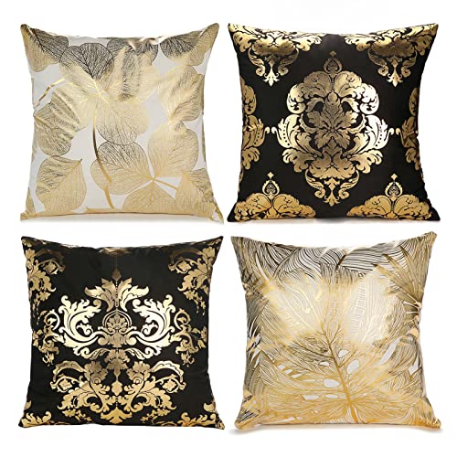 LAPONO 4 Stück samt Kissenbezug 45x45cm quadratische dekorative kissenhülle doppelseitige sofakissen Set couchkissen Schlafzimmer Kissen Wohnzimmer deko Polster (Pillowcase-Black White Gold) von LAPONO