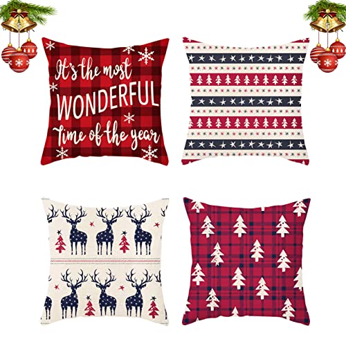 LAPONO 4er Set Kissenbezüge Samt 45x45cm Quadratische Weihnachten Deko Kissenhülle Einseitig Sofakissen Couchkissen Schlafzimmer Kissen Wohnzimmer Polster(Throw Pillowcase-Streifen-Hirsch-Baum) von LAPONO