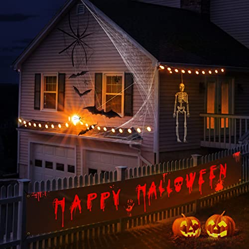 LAPONO Halloween Banner 300x50cm HAPPY HALLOWEEN Zeichen Hängende Wall Horror Black Deko Hintergrund with Schädel Blutiger Handabdruck Halloween Party Supplies für Home Bar Garten Einkaufszentrum Tür von LAPONO