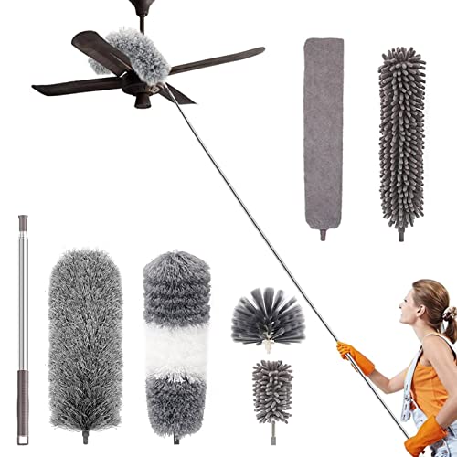 LAPONO Staubwedel Teleskop Waschbar 7 Stück Set Ausziehbar StaubbüRste Chenille Feather Duster Mikrofasern Staubwischer Spinnwebenbesen mit Teleskopstiel Eckbesen für Reinigt Ecken Entfernt Staub von LAPONO