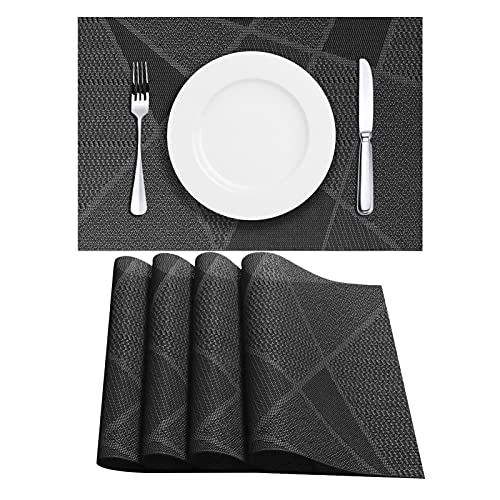 LAPONO Platzsets Abwaschbar, Tischsets Abwaschbar 6er Set Waschbares Tischset Rechteckige Hitzebeständig Platzdeckchen Grau Platzset aus PVC (Schwarz, 4 Stück) von LAPONO