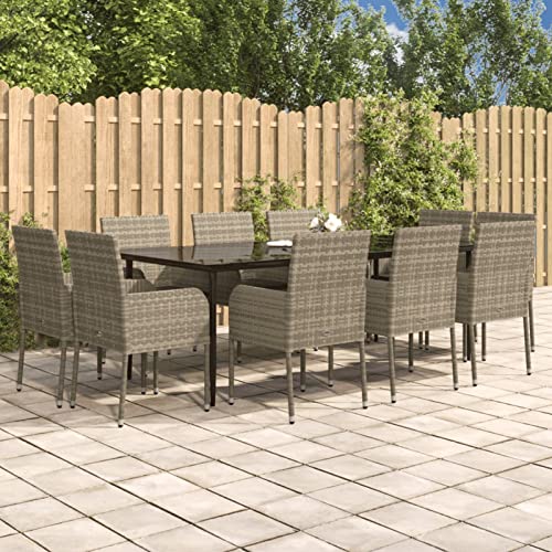 LAPOOH 11-TLG. Garten-Essgruppe mit Kissen Schwarz & Grau Poly Rattan, Esstisch Mit Stühlen Set, Gartenmöbel Sitzgruppe, Balkon Möbel, Gartenlounge Set, Terrassenmöbel, Balkonmöbel Set - 3185154 von LAPOOH